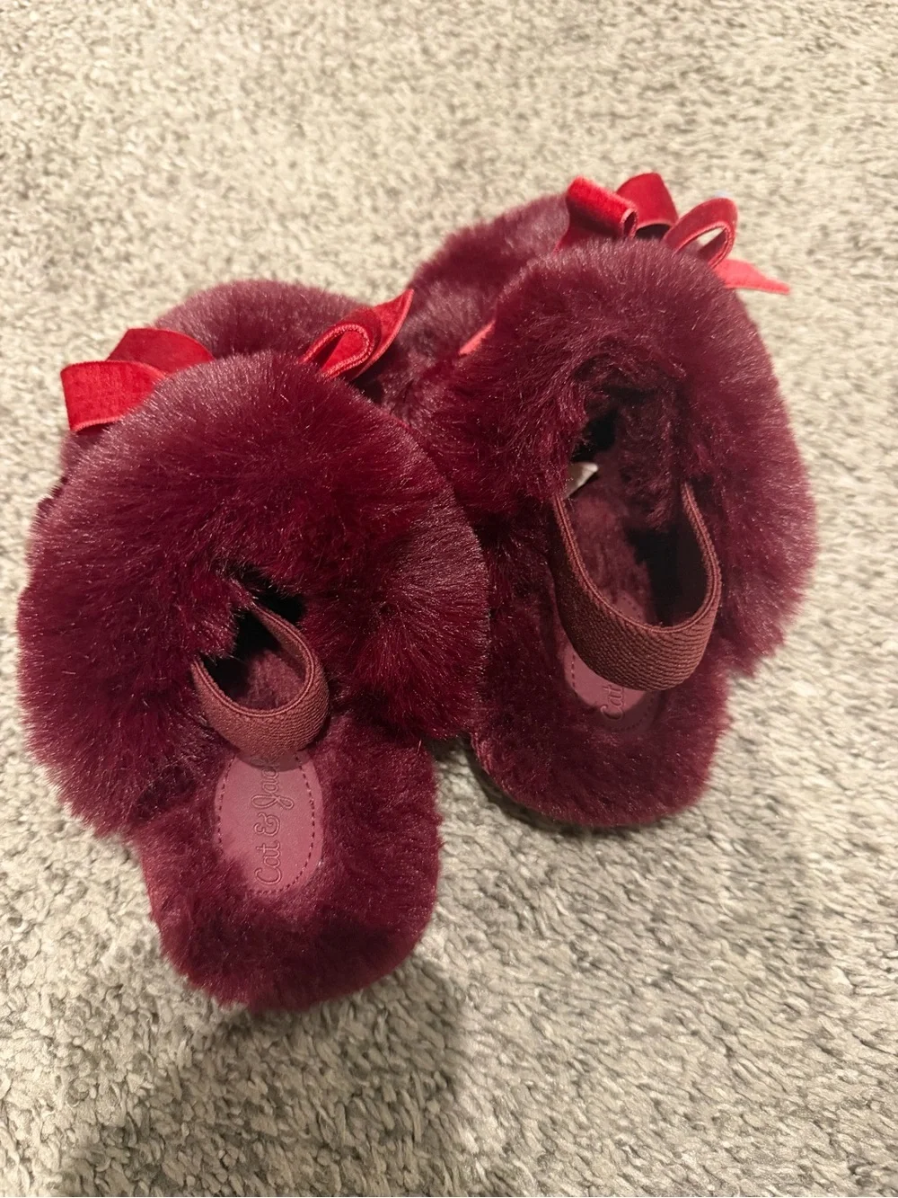 Cat & Jack Burgundy Faux Fur Pom Pom Slippers with Velvet Bow